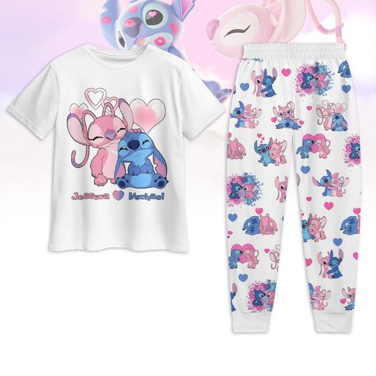 Custom Valentine Stitch And Angel T-shirt Pajamas Set, Disneyland Valentine Pajamas Set, Stitch Angel Love Pajamas Set