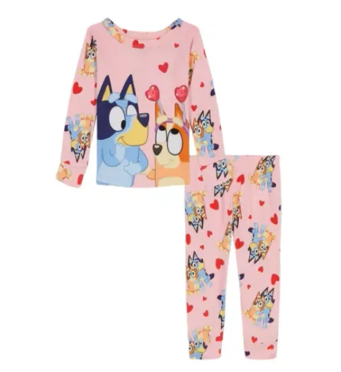BlueyDad and Bingo Toddler Girl's Pink Valentine's Day Hearts and Hugs Pajama Set