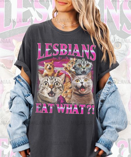 Discover Lesbians Eat What?! Funny Cat Gay Pride LGBTQ Pun T-Shirt