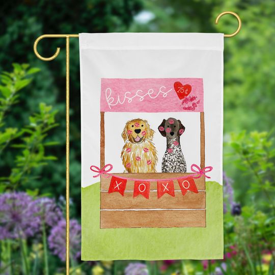 Valentines Kissing Booth Mix and Match Pet Garden Flag | Personalized Pet Yard Flag, Goldendoodle, Golden Retriever, Lab, GSP, Spaniel, Cat