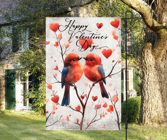 Valentine's Day 12x18 Garden Flag Sublimation Design, Instant Download, Valentine Birds Garden Flag PNG, Cute Love Birds Garden Flag Decor