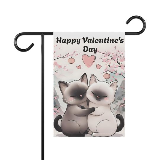 Adorable Valentine's Day Banner, Cute Garden Flag, Cat Lovers Decor, Spring Garden Accessory, Heartwarming Home Outdoor Siamese Cats Decor