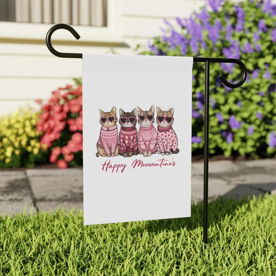 Happy Meowventine's Garden Banner, Cat Lover Decor, Valentine's Day Flag, Cute Outdoor Banner, Pet Lovers Gift