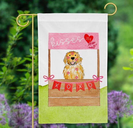 Kissing Booth Valentines Day Golden Retriever Garden Flag | Golden Retriever Valentines Day Garden Flag, Valentines Day Kissing Booth