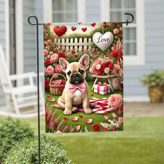Valentines Day Garden Flag | French Bulldog Puppy with Roses & Hearts | Romantic Outdoor Yard Dcor | Cute Dog Lover Gift