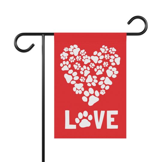 Dog Paw Prints LOVE Flag Heart with Paw Prints Dog Lover Red Garden Flag House Flag Valentine Gift for Dog Moms Dog Dads and Canine Rescues