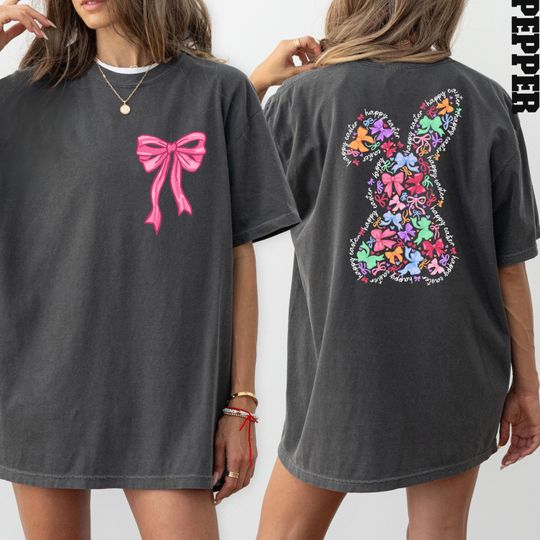 Happy Easter Day T-Shirt, Coquette Bow Shirt, Coquette Bow Bunny Shirt, Easter Day Two-Sided Shirt, Pink Bow Easter Shirt