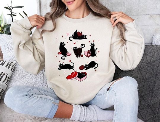 Valentine Cat Sweatshirt, Cat Love Longsleeve, Women Valentines Day Hoodie, Gift For Cat Mom, Valentines Cat Mom Sweater, Cute Cat Hoodie