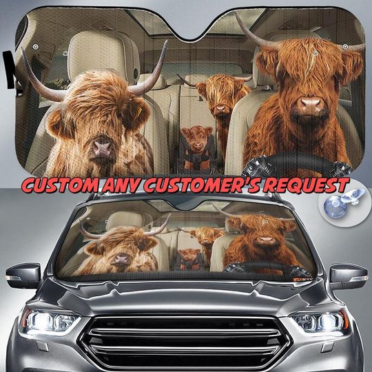 Highland Cow Family Driving Car Sun Shade, Cow Car Decor Accessories Birthday Gift