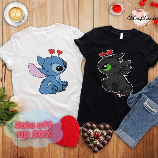 Stitch and Toothless Valentine Shirt, Stitch Valentine's Day Shirt, Disney Matching Shirt, Disneyland Couple Shirt, Cute Couple Stitch Shirt