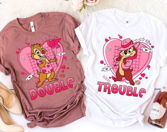 Disney Double Trouble Chip And Dale Valentine T-Shirt, Chip N Dale Couple Valentine's Day,Disneyland Couple Matching Shirts