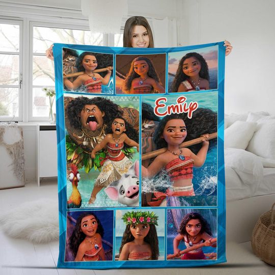 Personalized Disney Moana Blanket, Baby Girl Princess Moana Birthday Girl Gift, WDW Disneyland Maui Hei Hei Tamatoa Family Decor
