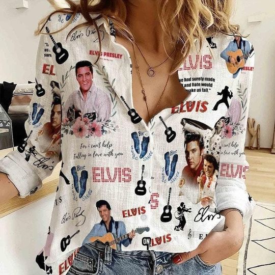 Elvis Presley Pattern Casual Shirt, Elvis Presley Singer Women Blouse, Comfortable Casual Shirt, Long Sleeve Blouse