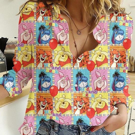 Vintage Winnie The Pooh Linen Shirt, Pooh And Friends Casual Shirt, Disney Cartoon Long Sleeve Shirt, Magic Kingdom Shirt