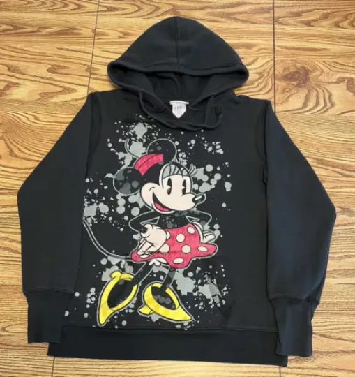 Disney Parks Womens L Hoodie Minnie Mouse 3-D Graphic Black Pullover Sweatshirt