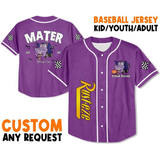 Discover Personalized Disney Halloween Cars Mater Vampire Characters Jersey, Custom Kid Youth Adult Baseball Jersey, Disney Birthday Gift