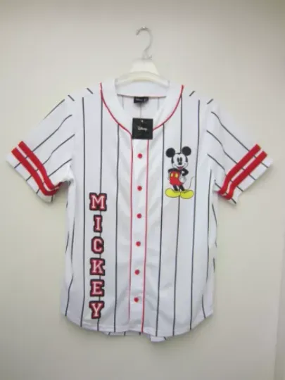 New Mickey Mouse #28 Baseball Jersey White Button Pinstriped Disney Store Mens L