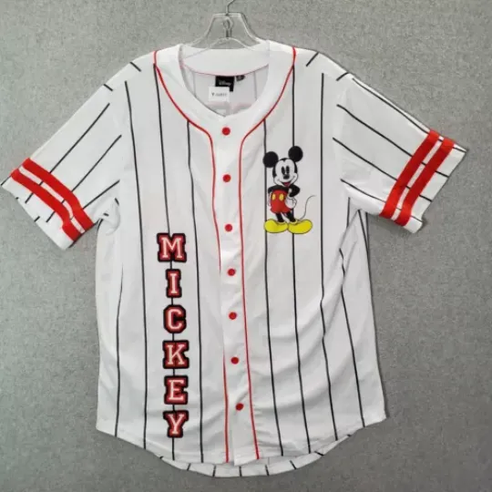Discover Disney Men Activewear Shirt Medium White Striped Baseball Jersey Mickey Mouse