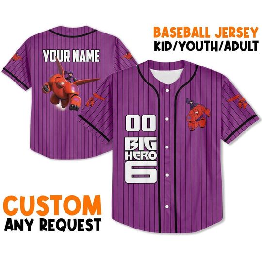 Personalized Disney Big Hero 6 BayMax And Hiro Best Friend Striped Purple Jersey, Custom Kid Youth Adult Baseball Jersey, Birthday Gift