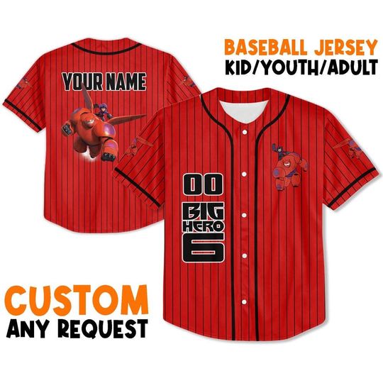 Personalized Disney Big Hero 6 BayMax And Hiro Best Friend Striped Jersey, Custom Kid Youth Adult Baseball Jersey, Disney Birthday Gift