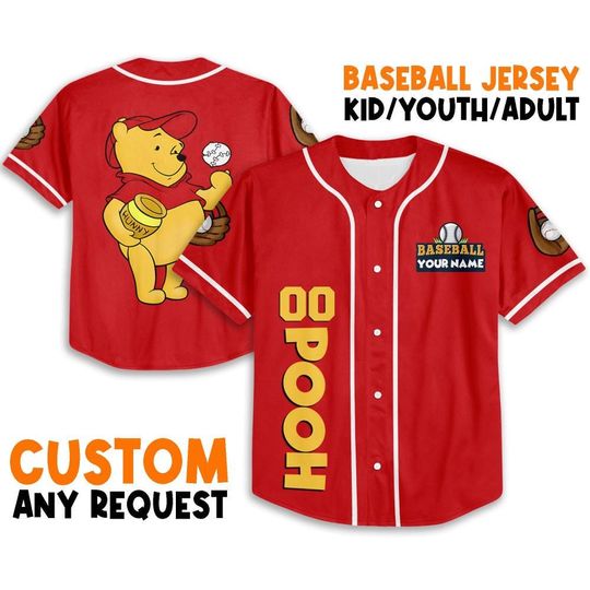 Personalize Pooh Baseball red Jersey, Custom Kid Youth Adult Baseball Jersey, Disney Birthday Gift