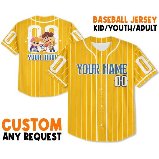 Discover Personalize yellow woody and Friend toy story Jersey, Custom Kid Youth Adult Baseball Jersey, Custom Disney Shirt, Disney Birthday Gift