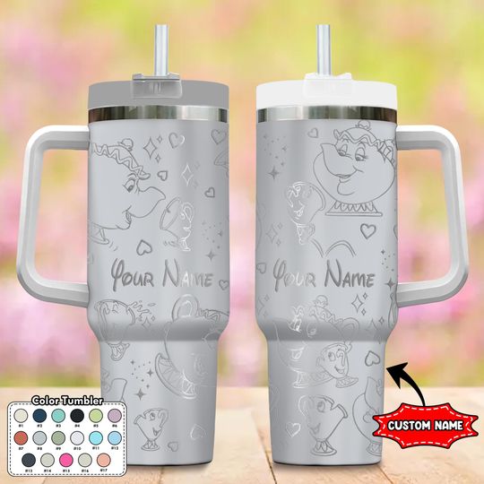 Discover Custom Mrs Potts and Chip 40oz Engraved Tumbler, Cartoon Cup, Beauty and The Beast Tumbler, Magic Kingdom Handle Stainless Steel Tumbler