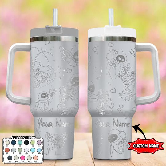 Custom Wall E Tumbler, Personalized Wall-E Engraved 40oz Tumbler, Wall-E and Eve Cup, Magic Kingdom Handle Stainless Steel Tumbler