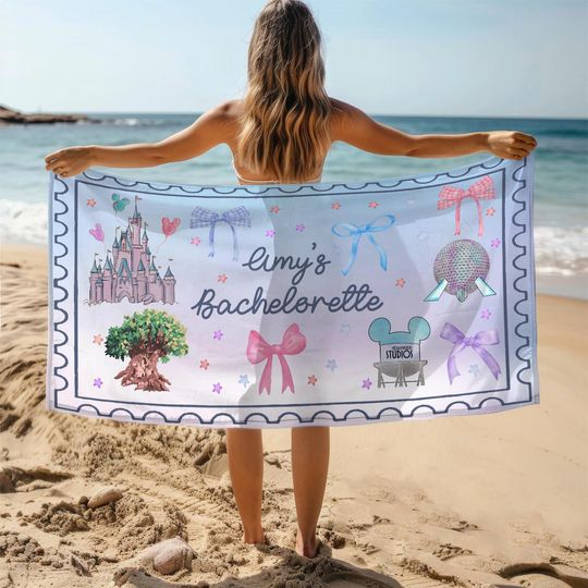Custom Disneyworld Bachelorette Coquette Bow Towel, Luxury Bachelorette Towel, Disney Bridal Beach Party, Bachelorette Trip Merch