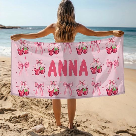 Personalized Mickey Cherry Coquette Bow Beach Towel, Disney Beach Towel, Pool Towel, Custom Name Towel, Disney Cherry Valentine Towel