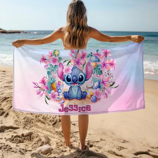 Custom Cute Stitch Beach Towel, Disney Kid Towel Gift, Stitch Lover Gift, Stitch Bath Towel, Custom Disney Beach Towel, Disneyworld Trip
