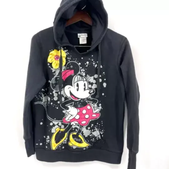 Disney Parks Hoodie Womens Large Minnie Mouse Black Yellow Flower 3D Y2K