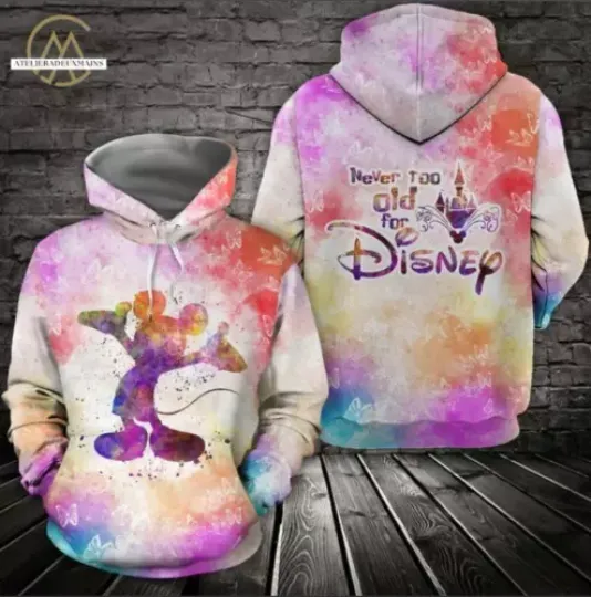 Disney Mickey Mouse Never Too Old For Disney Butterflies Watercolor 3D HOODIE