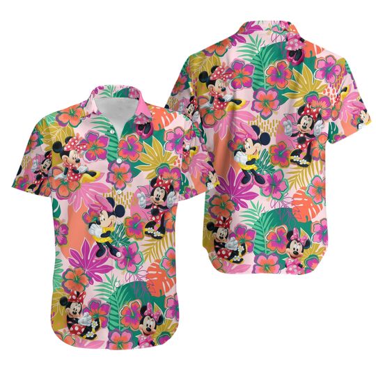 Minnie Hawaiian Shirt, Minnie Beach Shirt, Minnie Mouse Shirt, Minnie Flower Hawaiian Shirt, Minnie Shirt, Hawaiian Short Sleeve Shirt