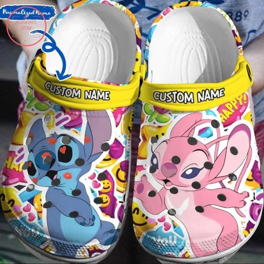 Stitch and Angel Clogs Shoes, Custom Name Shoes, Stitch Disney Cartoon Slippers, Stitch Sandals, Funny Slippers, Custom Summer Shoes