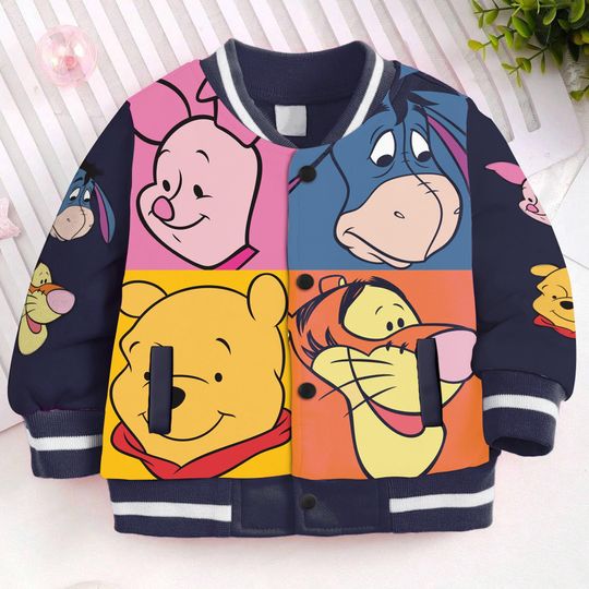 Pooh Piglet Eeyore Tigger Team Big Face Kids and Youth Baseball Jacket, Aldult Unisex Varsity Baseball Jacket
