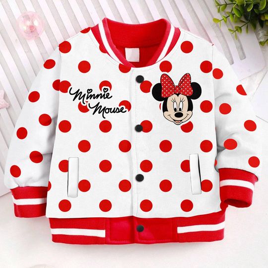 Minnie Mouse Polka Dot Kids and Youth Baseball Jacket, Aldult Unisex Varsity Baseball Jacket