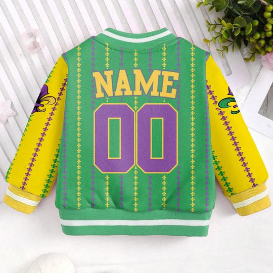 Custom Name And Number Mardi Gras Green Team Classic Kids and Youth Baseball Jacket, Aldult Unisex Varsity Baseball Jacket