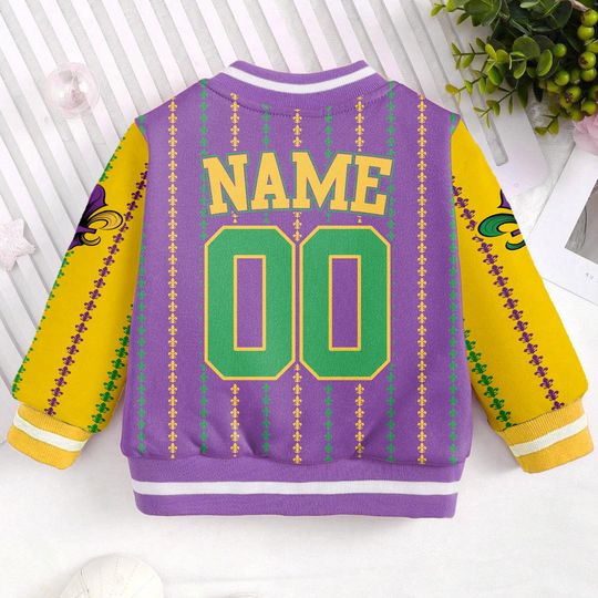 Custom Name And Number Mardi Gras Purple Team Classic Kids and Youth Baseball Jacket, Aldult Unisex Varsity Baseball Jacket