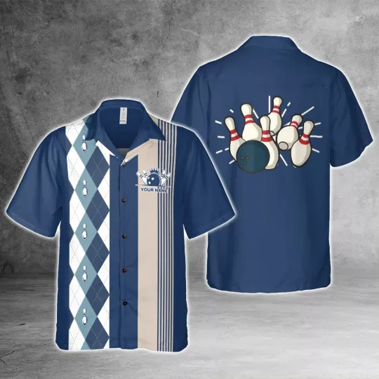 Blue Argyle 1950s Custom Bowling 3D Hawaiian Shirt