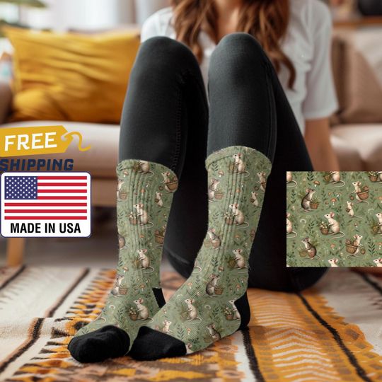 Foraging Mice Pattern Green Socks - Whimsical CottageCore Animal Print | Gender Neutral Gift | Unisex Fit For All Ages | Gift for Cozy Lover