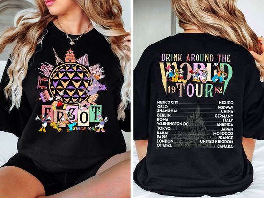 2-Sided Retro Disney Epcot Mickey And Friends Shirt, Drink Around The World Tour 1982 T-shirt, Figment Epcot, Epcot Drinking Team Tee