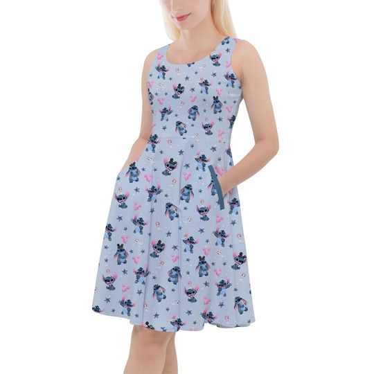 Happy Stitch - Disney Inspired Skater Dress With Pockets