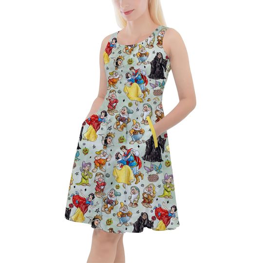 Snow White And The Seven Dwarfs Sketched - Disney Inspired Skater Dress With Pockets