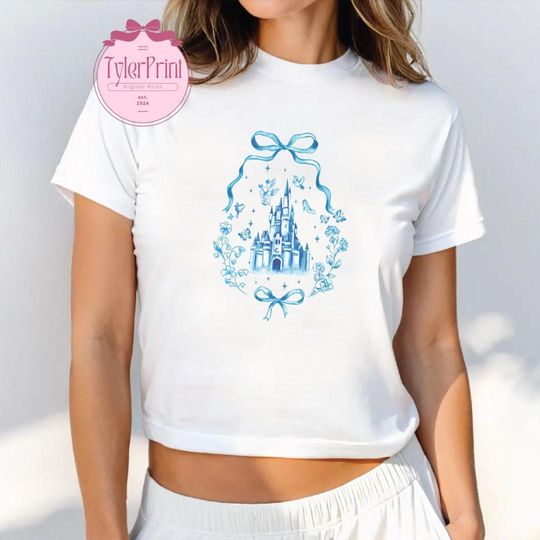 Blue Coquette Bow Disney Castle Coquette Crop Top, Magic Kingdom Crop Top, Disney Coquette Bow Crop Top