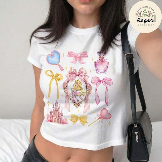 Watercolor Coquette Bows Frame Disney Princess Crop Top, Disney Girl Trip Crop Top, Princess Birthday Girl Crop Top