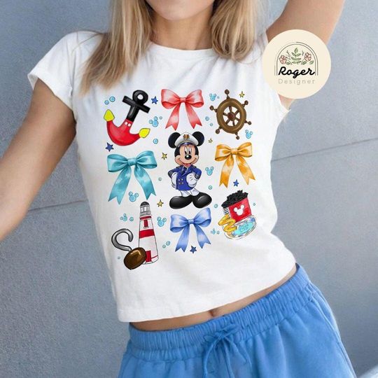 Watercolor Coquette Bows Mickey & Friends Disney Cruise Crop Top, All Characters Disney Cruise Crop Top