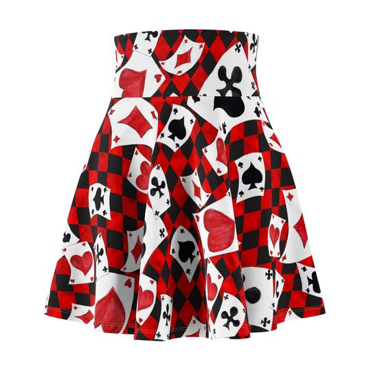 Queen of Cards Skater Skirt for Women - Halloween Costume, Theme Park Outfit, Comic Con Apparel, Playing Card Patterned Fashion