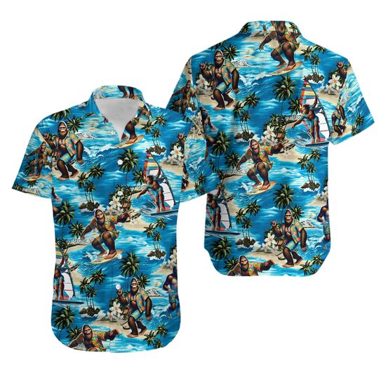 Funny Summer Bigfoot Hawaiian Shirt, Sasquatch Surfing Button Down Shirt