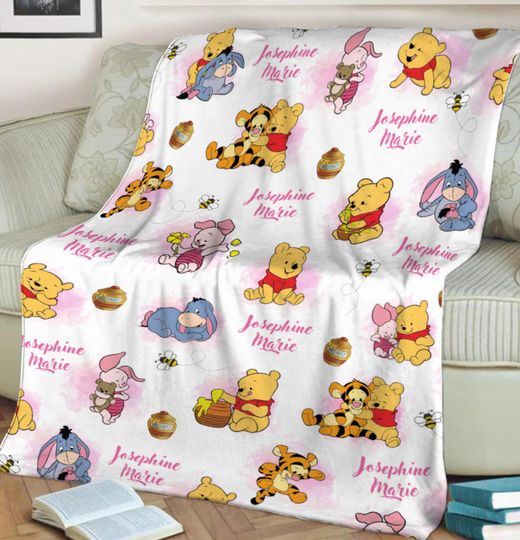 Personalized Winnie Movie The Pooh and Friends Fleece Blanket Pooh Bear Blanket Custom Tigger Piglet Eeyore Blanket Cartoon Pooh Fleece